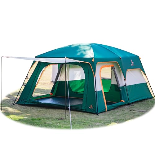 KTT Extra Large Tent 10-12-14 Person(B),Family Cabin Tents,2 Rooms,3 Doors and 3 Windows with Mesh,Straight Wall,Waterproof,Double Layer