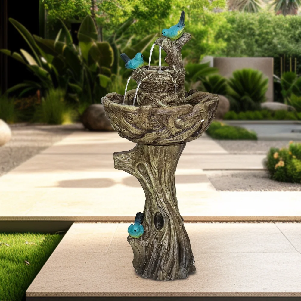 3-Tier Outdoor Water Fountain Bird Bath Patio Fountain Outdoor Stump Like Waterfall Fountain with Birds Decor Freestanding Patio Water Fountain Pump