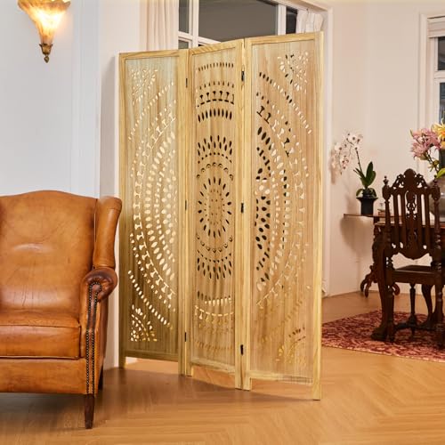 66.9Inch Folding Room Divider, 6 Panels Wood Carved Privacy Screens
