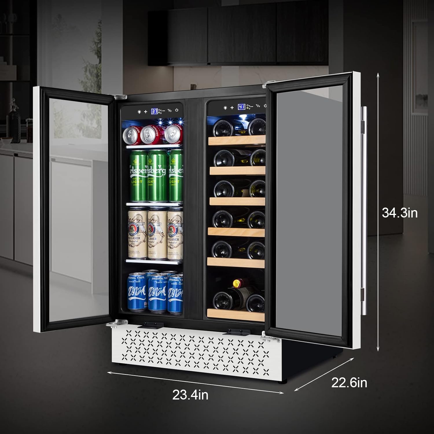 Tylza Wine and Beverage Refrigerator 24 Inch Dual Zone, French Door Wine and Beverage Cooler 24'' Built-In or Freestanding Drink Fridge