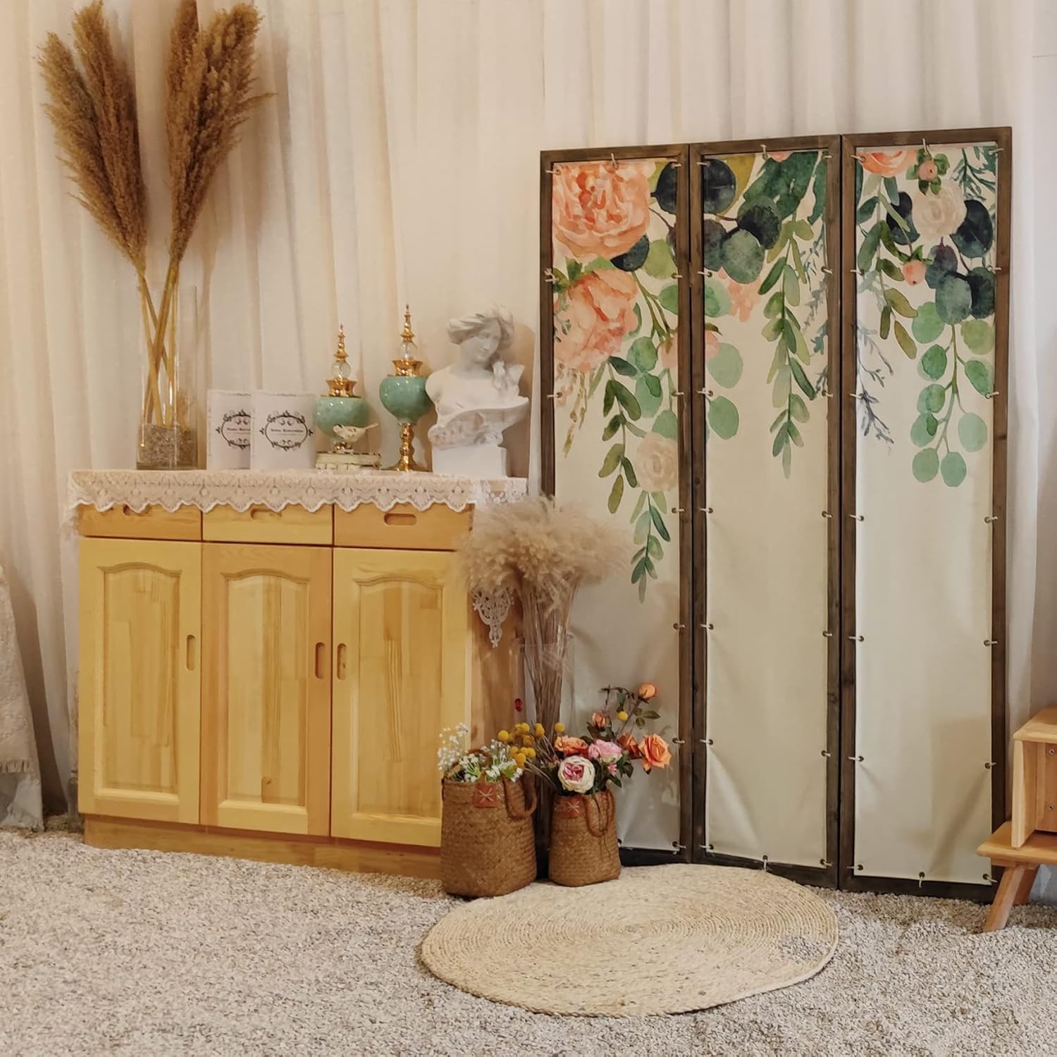 Room Divider Screen Oriental Furniture Privacy Screens Flowers Painting Canvas 3-Panel Foldable Portable Room Separating Divider Room Partitions and