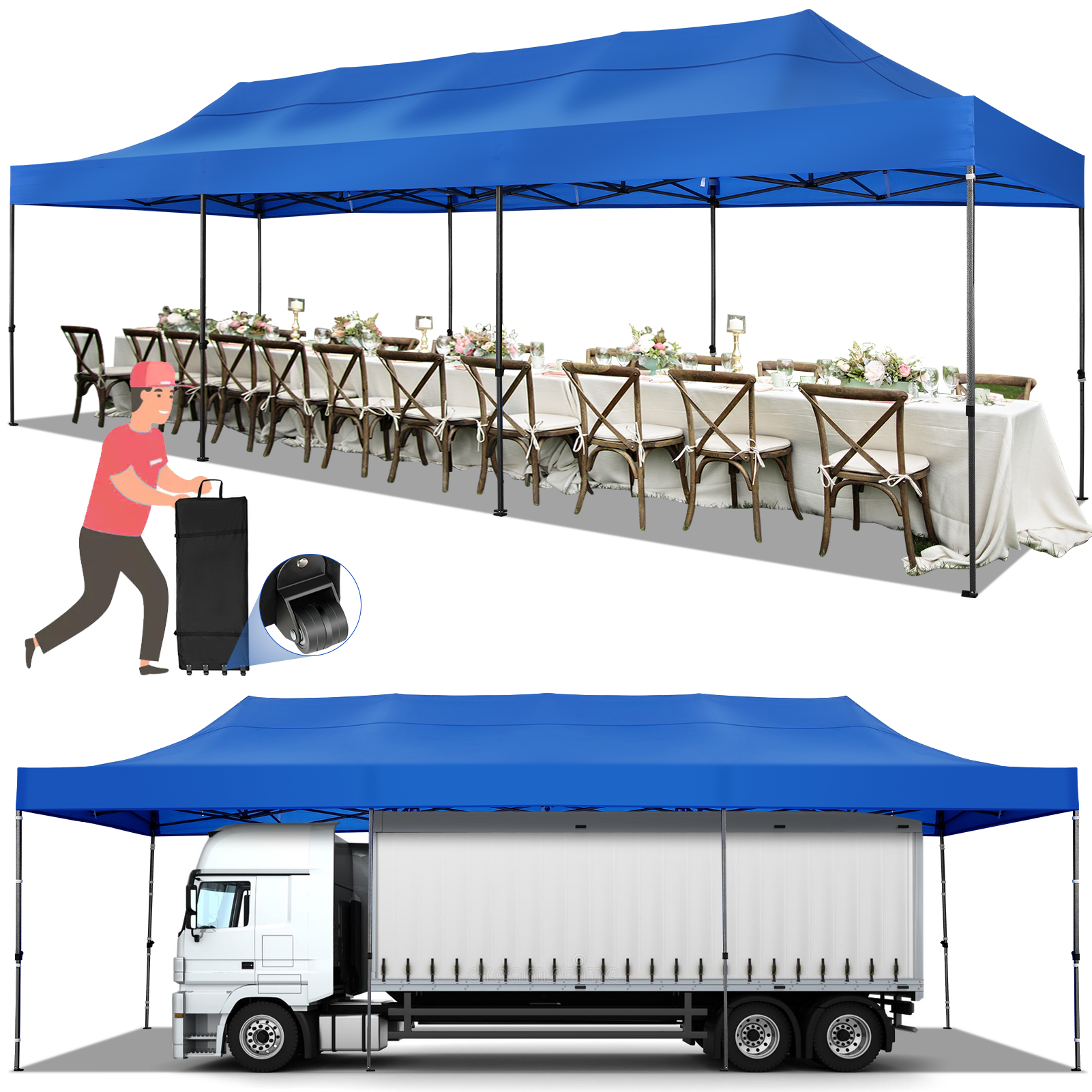 SANOPY 10x30 ft Pop up Outdoor Canopy Tent, Heavy Duty Canopy with 8 Wind Ropes, 3 Heigh Adjustable Gazebo Shelter with Wheeled Bag for Party