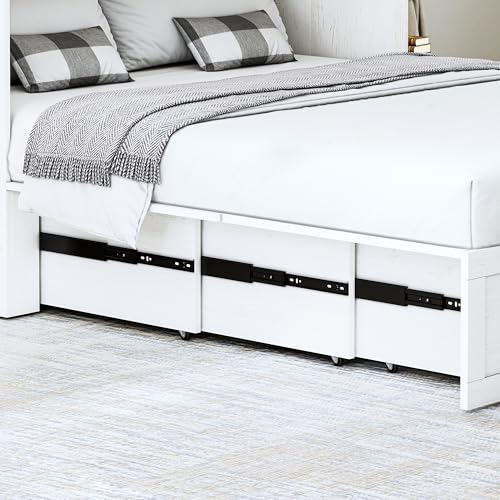 Full Murphy Bed with Storage & Charging Station, Farmhouse Murphy Cabinet Bed with Large Drawer, Hideaway Foldable Platform Bed for for Guest Room