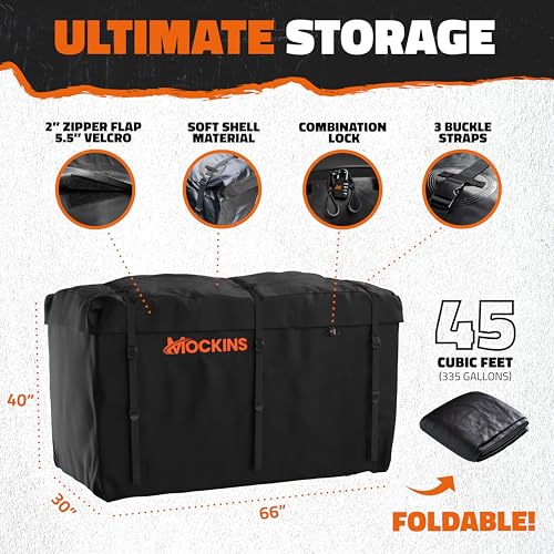 Mockins XL 66"x30"x14" High Rail Folding Hitch Cargo Carrier w/ 45 CuFt Trailer Hitch Cargo Carrier Bag | 500Lbs Cap Luggage Rack for SUV Car & Truck
