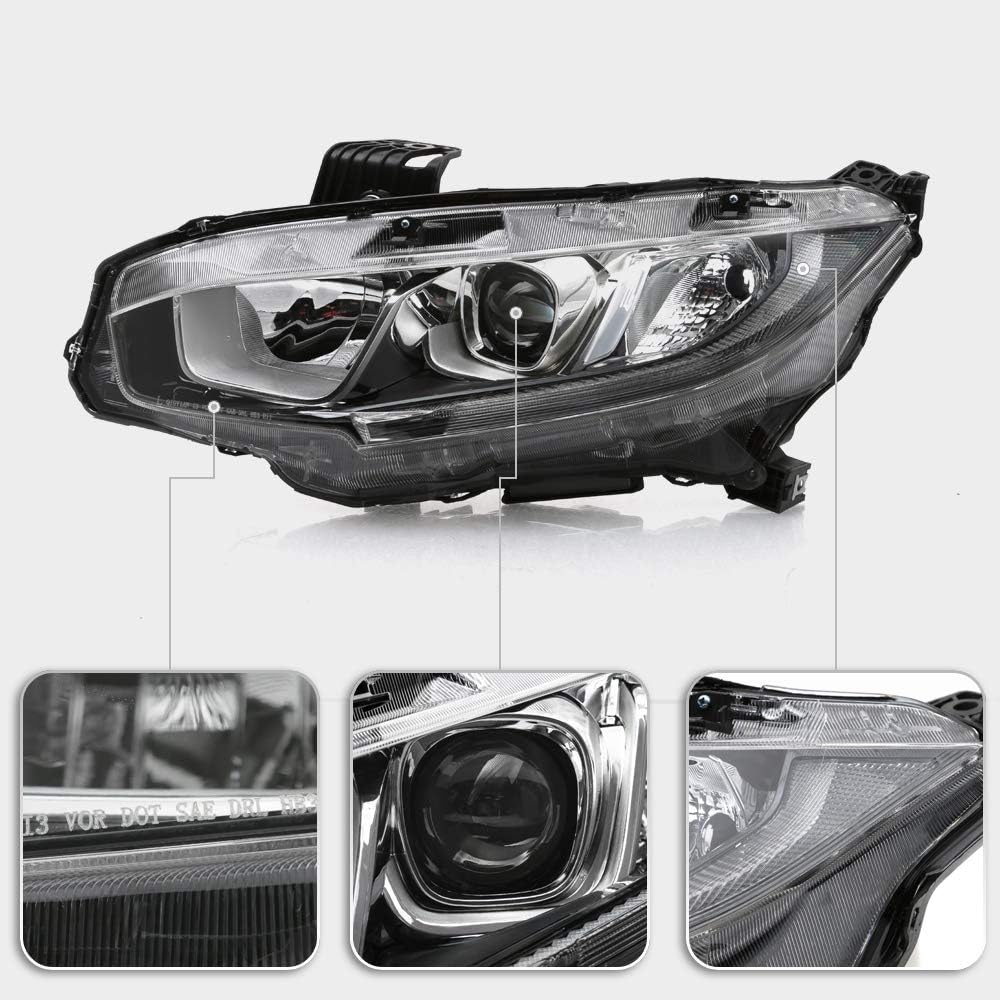 ACANII - For [Halogen Model] 2016-2020 Honda Civic LED DRL Projector Headlights Headlamps Pair Driver & Passenger Side