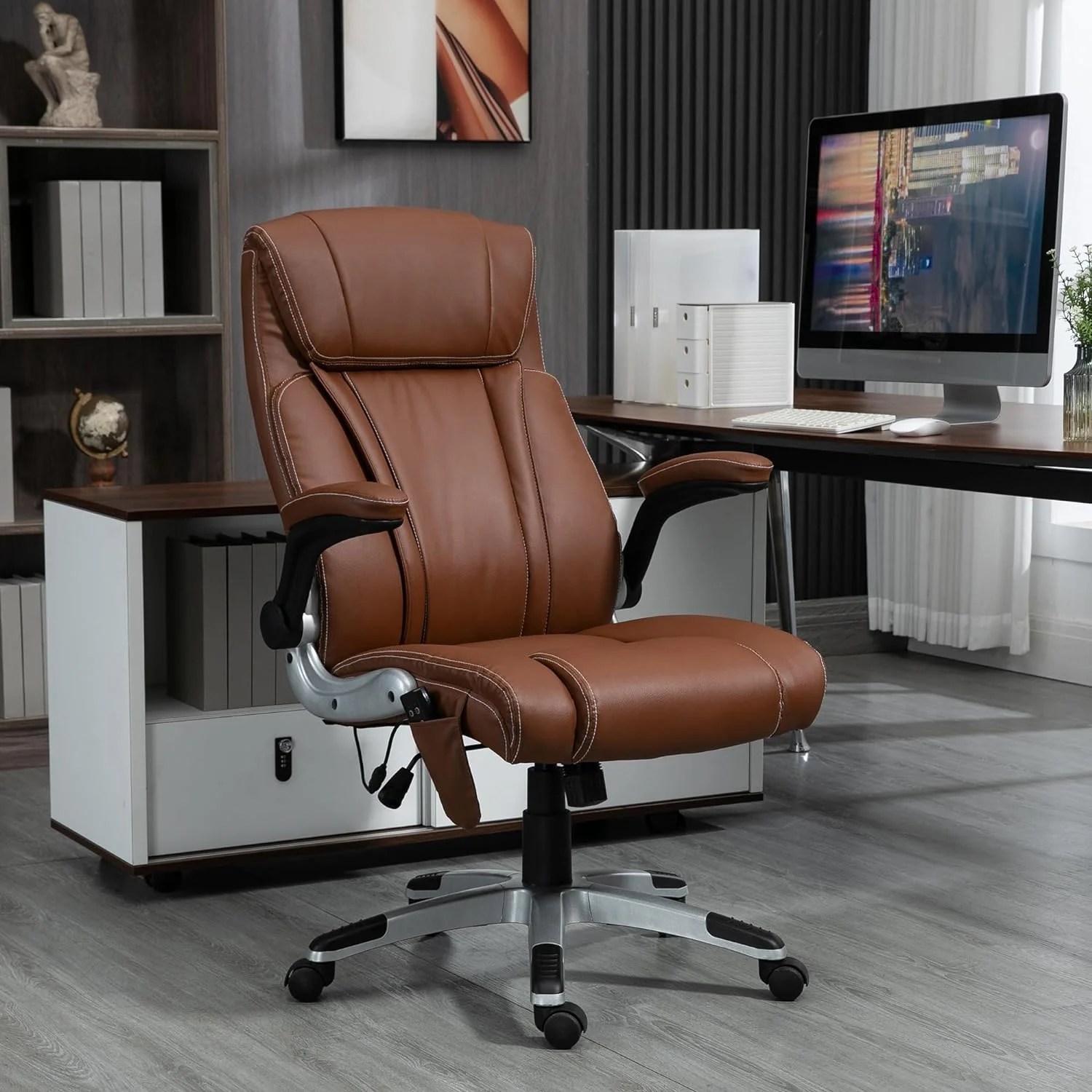 Executive Massage Office Chair With 6 Vibration Points, Heated Faux Leather Computer Desk Chair With -Up Armrest, Adjustable Height, Swivel Wheel