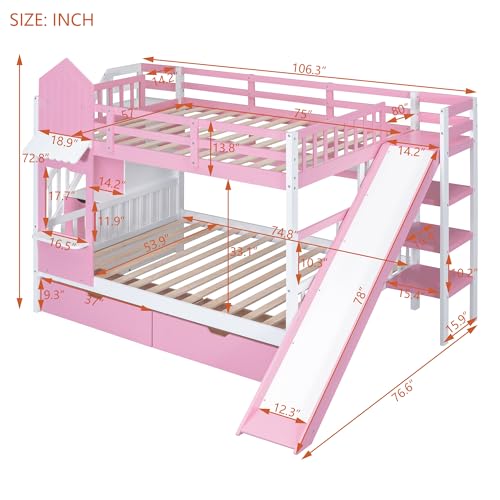 Harper & Bright Designs Twin Over Twin Bunk Bed with Stairs and Slide, Solid Wood Bunk Bed Frame with Storage Drawers and Bookshelf