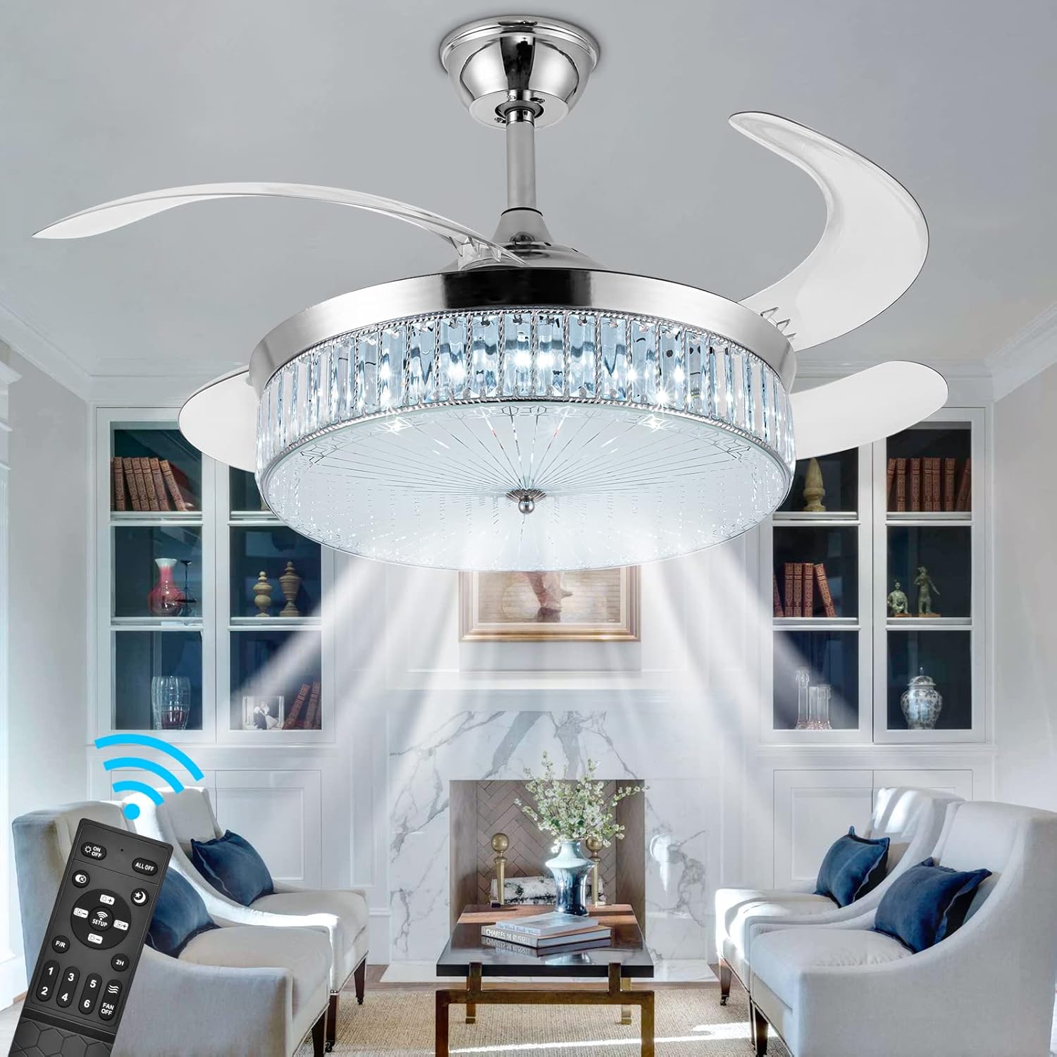 42" Retractable Crystal Ceiling Fans with Lights, Stepless Dimmable Chandelier Ceiling Fans Remote Control Invisible Blades