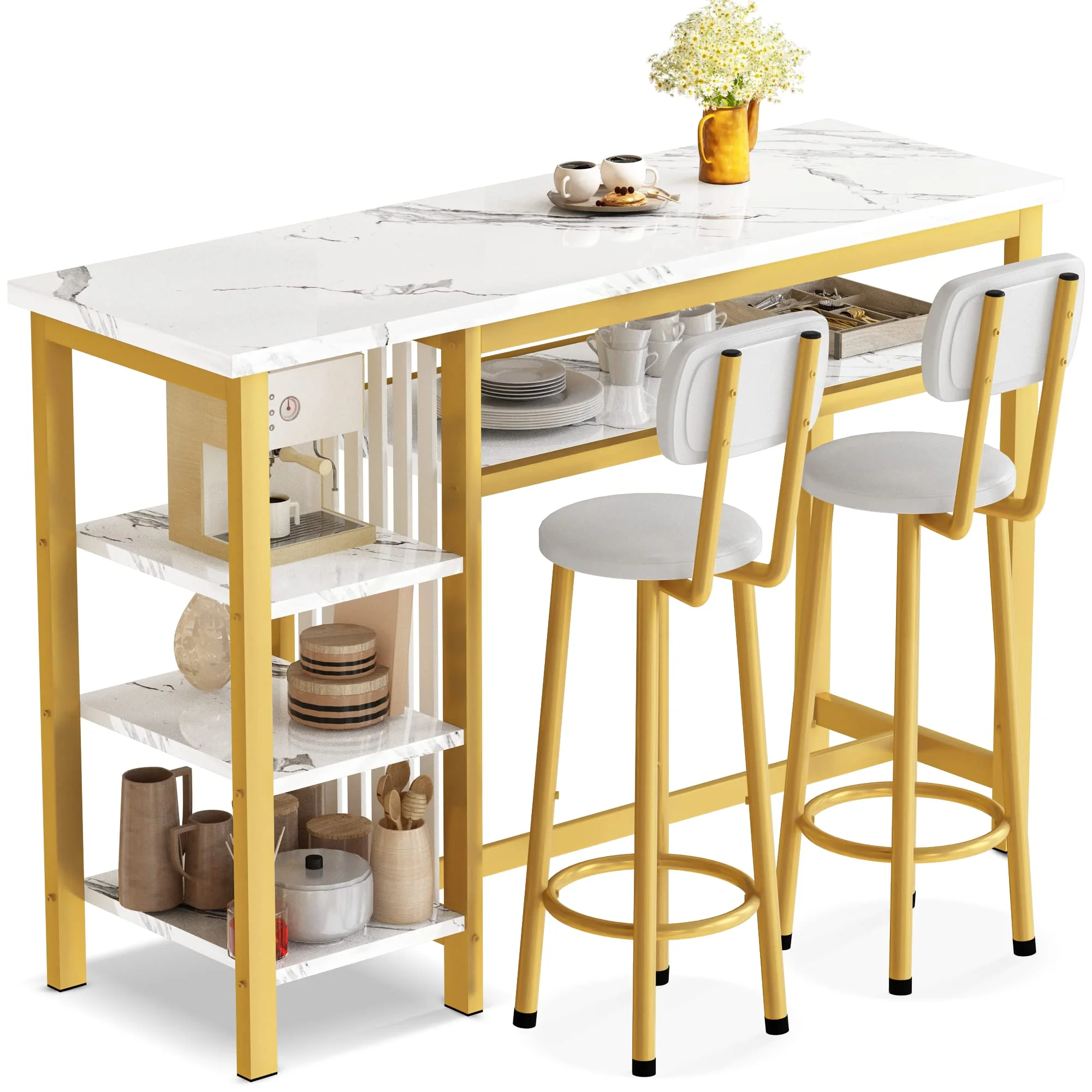 AWQM Bar Table Set, Modern Kitchen Table Set, Bar Counter Height Table Set with 2 PU Upholstered Stools, Dining Table Set with 4 Storage Shelves