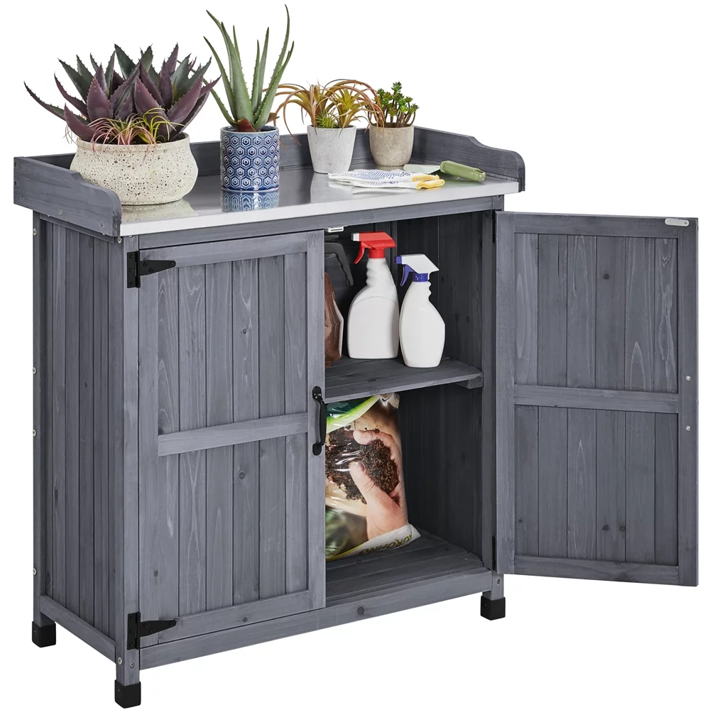 SmileMart Wooden Garden Potting Bench Table with Cabinet for Outdoor, Gray