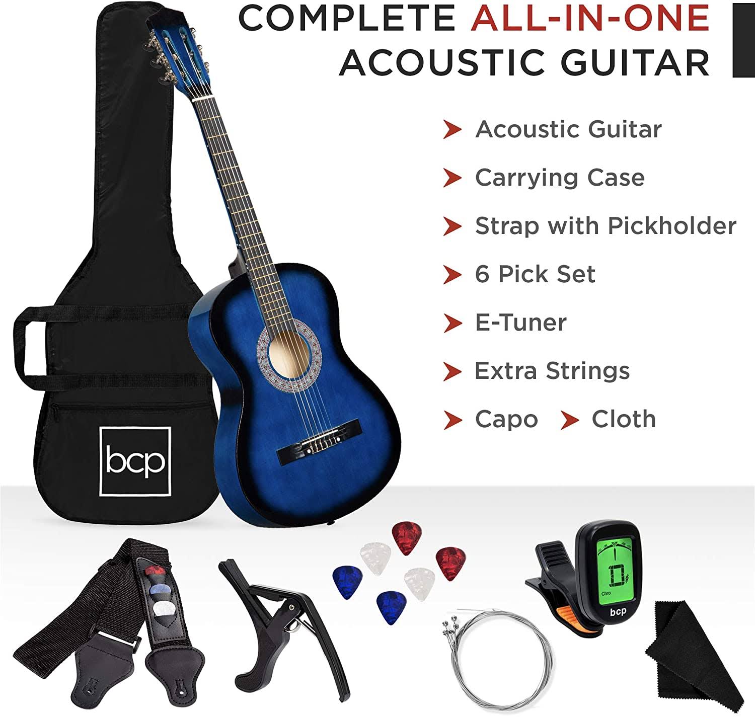 Best Choice Products 38in Beginner Acoustic Guitar Starter Kit w/Case, Strap, Tuner, Pick, Strings - Blue