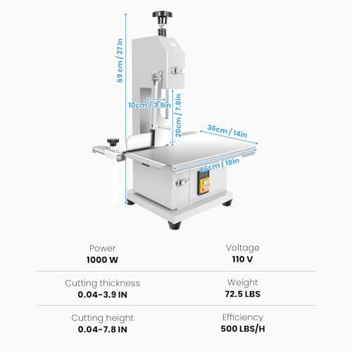 1000W Electric Bone Saw Machine, 18x14" Stainless Steel Worktable, Cuts 0.04-3.9" Thickness, Frozen Meat Cutter with 8 Blades Included