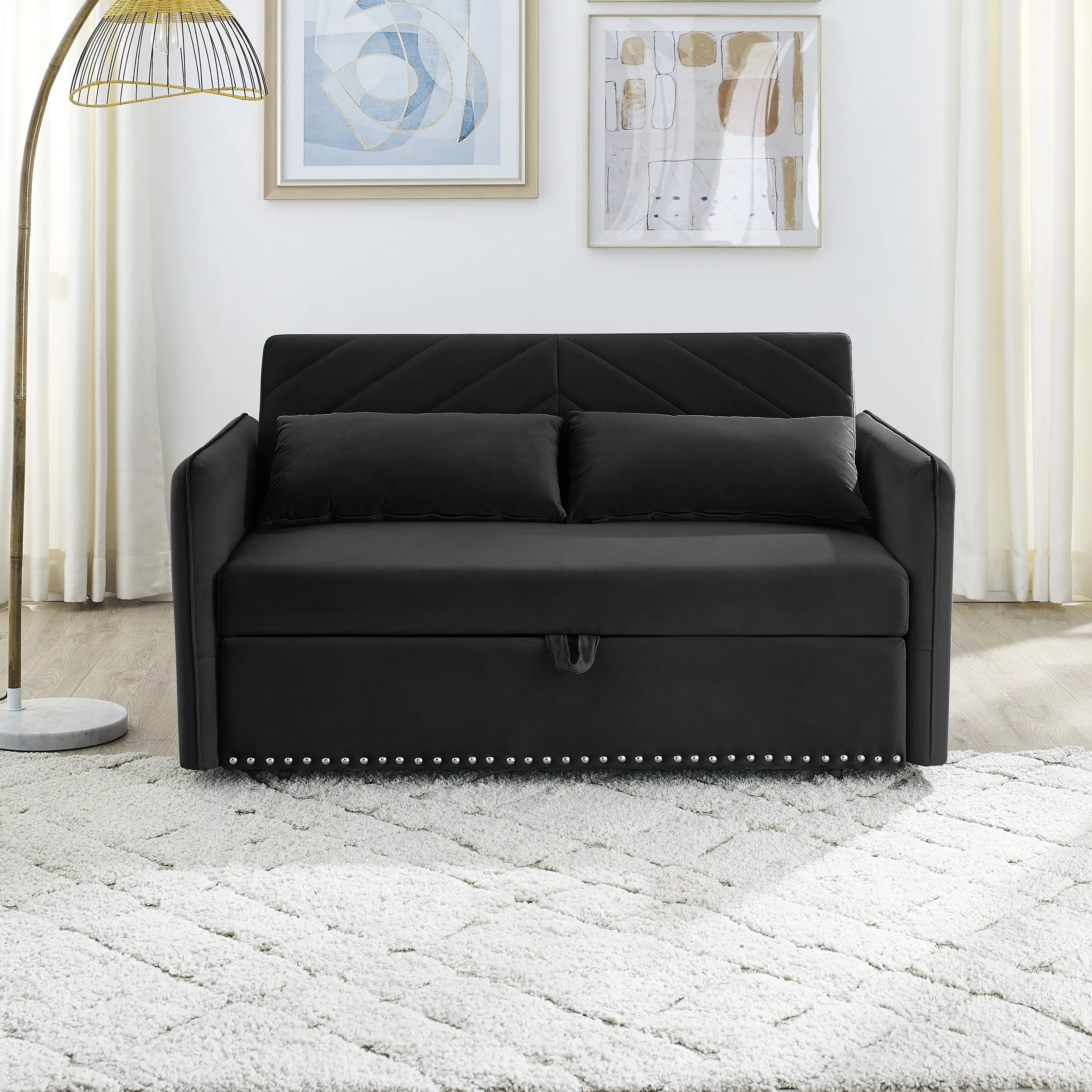 MOMSPEACE 3 in 1 Sleeper Sofa Couch Bed with 2 USB Ports, 55" Velvet Convertible Loveseat with Pull Out Sofa Bed for Living Room - Black
