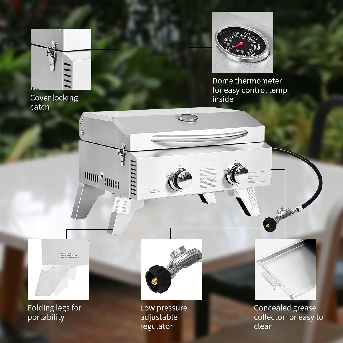 Happygrill Portable Gas Grill Stainless Steel Propane Grill Two-Burner Outdoor BBQ Grill with Foldable Leg for Camping Picnics, 20000 BTU