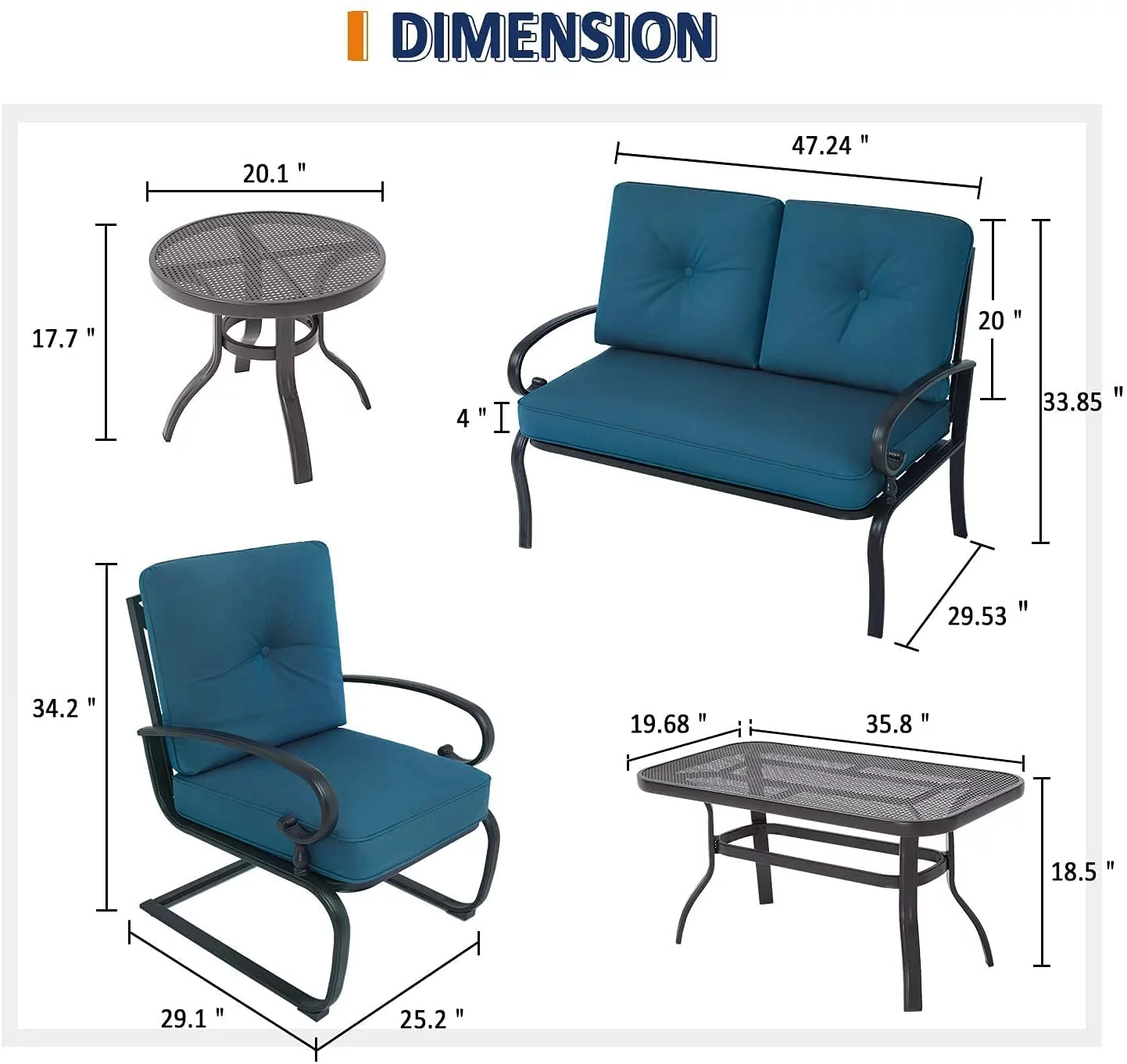 SUNCROWN 5-Piece Outdoor Patio Furniture Metal Conversation Set Loveseat and Chairs with Tables, Peacock Blue