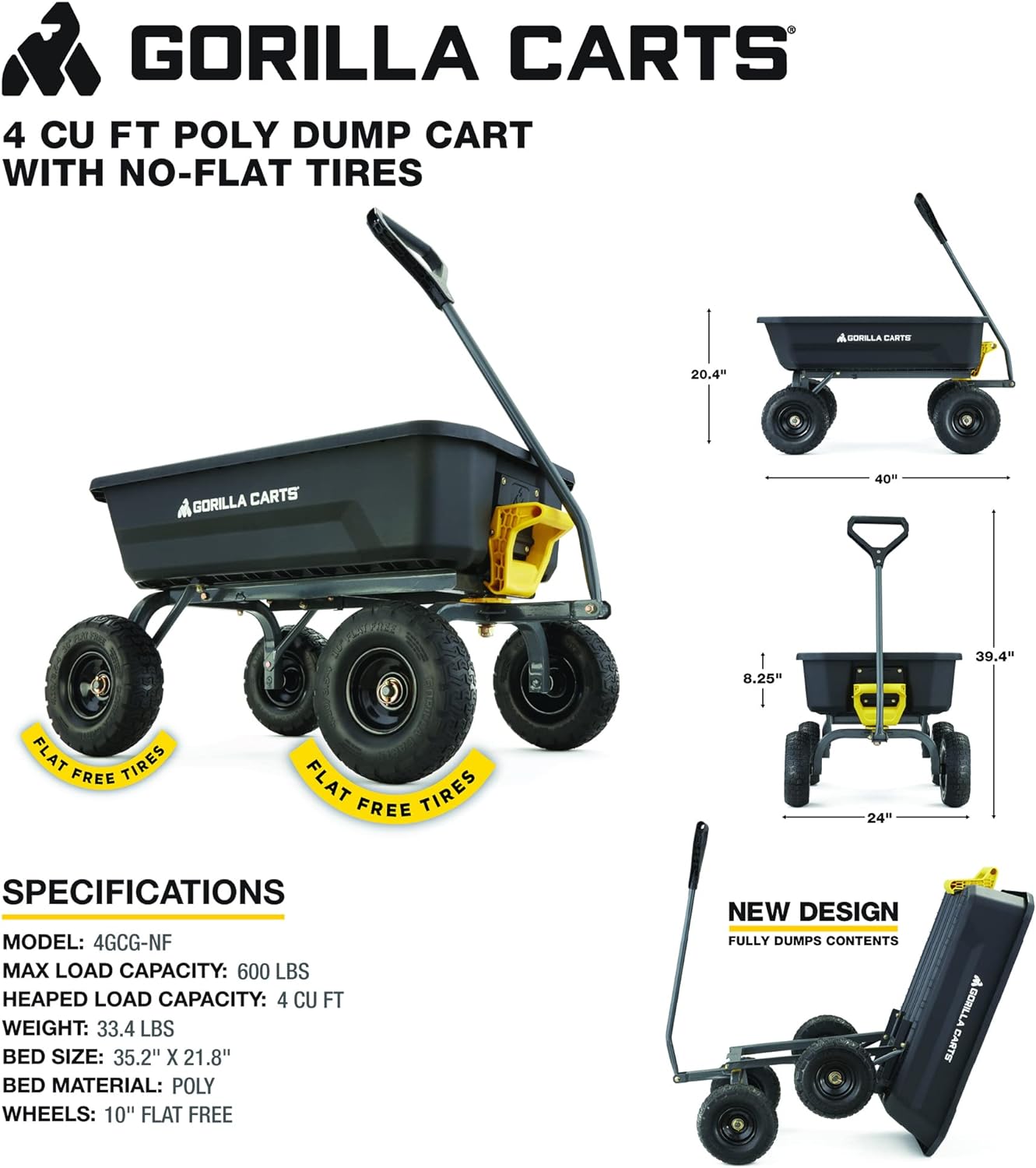 Gorilla Carts 4GCG-NF 4 Cu. Ft. Poly Garden Dump Cart with No-Flat Tires, Black (Amazon Exclusive)