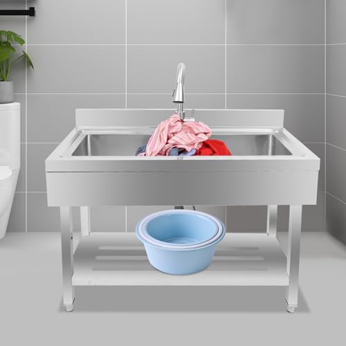 Stainless Steel Kitchen Sink 50L Freestanding Single Bowl Utility Sink with Cold and Hot Water Pipe and Pull-Out Faucet Utility Washing Hand Basin