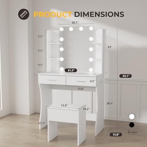 Vanity Desk with LED Lighted Mirror, Makeup Vanity with 3 Adjustable Lights, 2 Large Drawers and 4 Open Shelves