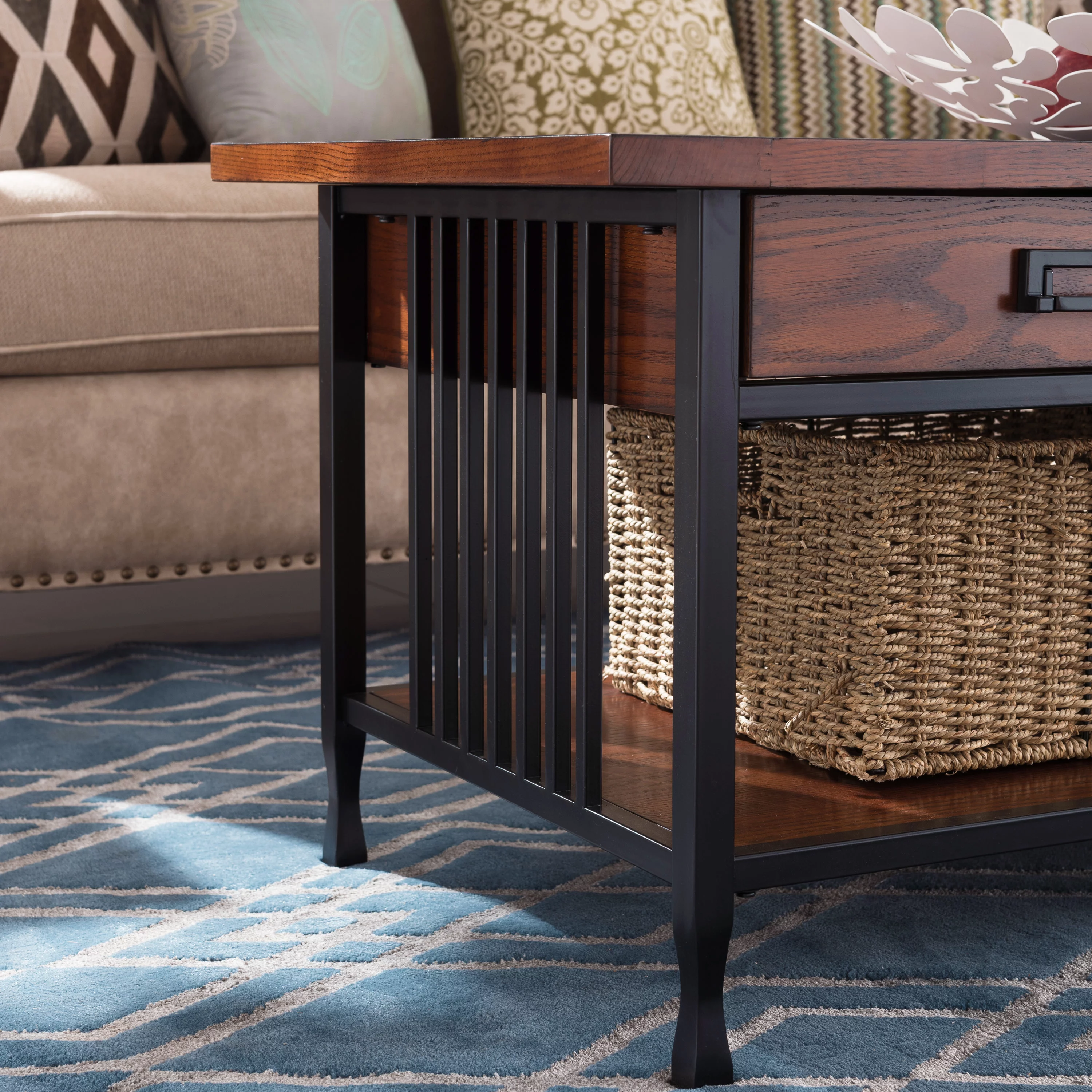 Leick Home 11204 Ironcraft Two Drawer Rustic Coffee Table with Shelf, Mission Oak and Black