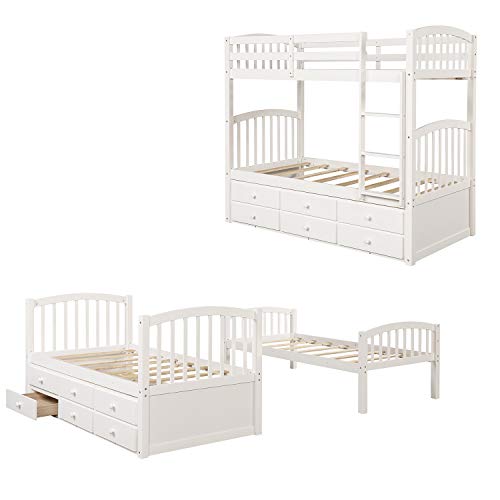Harper & Bright Designs Twin Over Twin Bunk Bed with Storage Drawers, Solid Wood Bunk Bed Frame with Trundle, for Kids, Teens, Adults (Espresso)