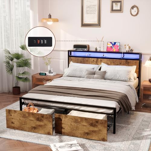Queen Size Bed Frame with 4 Storage Drawers, LED Platform Bed with Headboard, Built in Charging Station, Noise Free, Stable and Solid