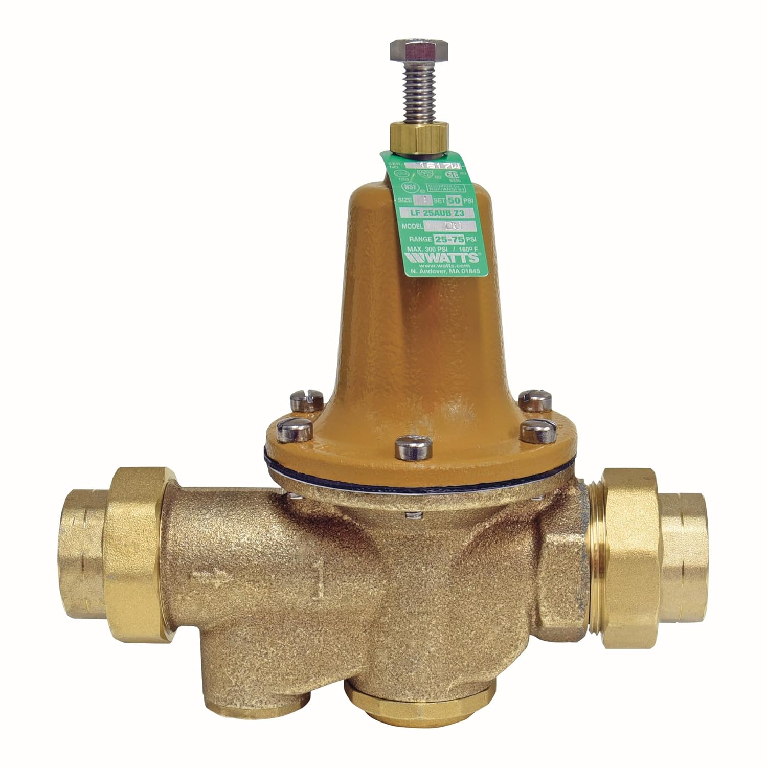 Watts 1-Inch Lead-Free Water Pressure Reducing Valve, Double Union, NPT Female, Polymer Seat, Adjustable 25-75 PSI