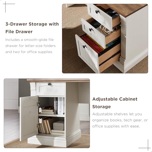 OKD 60" Executive Desk with Drawers, Farmhouse Home Office Desk with Charging Station, Keyboard Tray, File Cabinet Storage