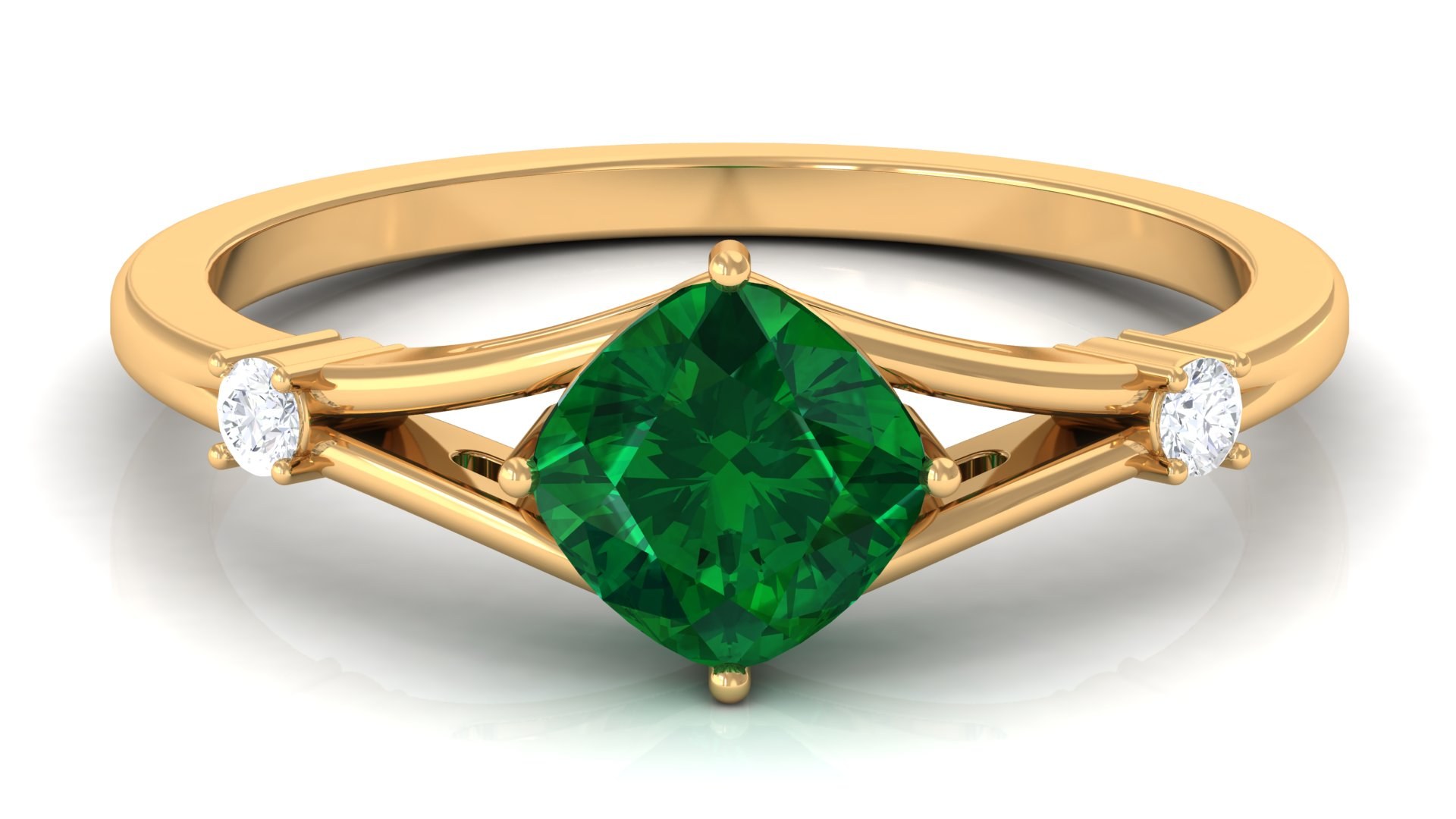 Cushion Cut Lab Grown Emerald Solitaire Ring with Diamond - 6 mm, 14K Yellow Gold, US 9.50