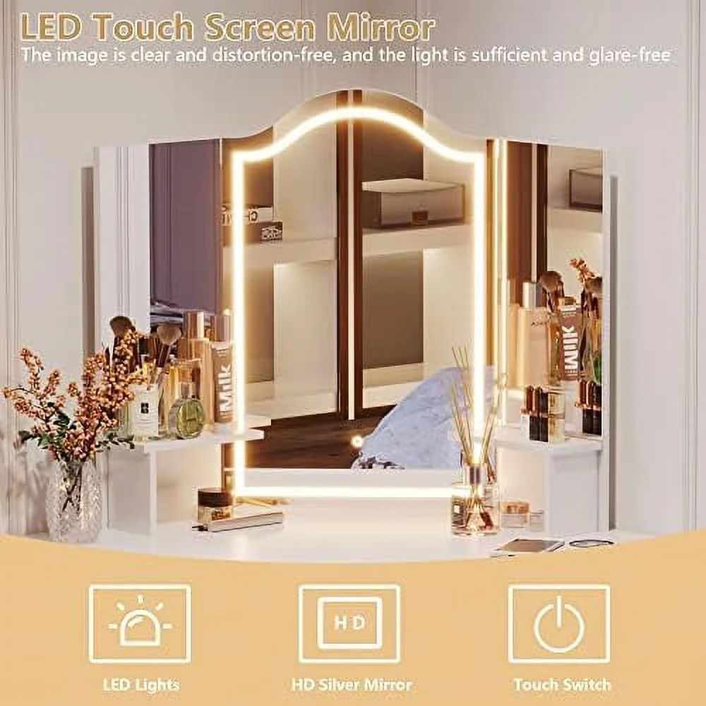 Vanity Desk with Mirror and Lights  Makeup Vanity with Charging Station  Dressing Table with 3 Lighting Options  Vanity Set with Drawers