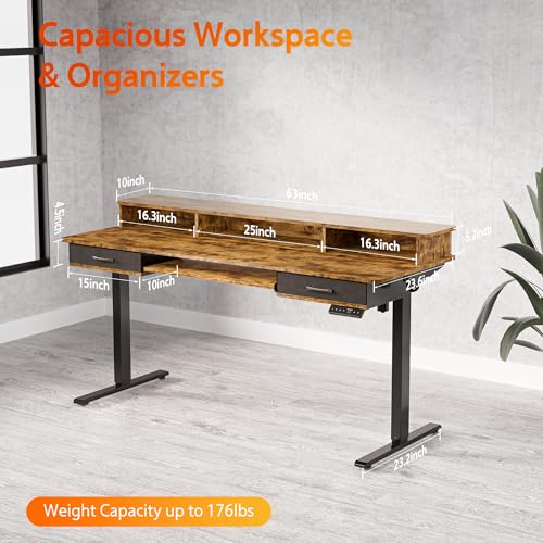 48x24 Inches Electric Standing Desk with 2 Drawers, Height Adjustable Stand up Desk for Home Office, Ergonomic Sit to Stand Table with Storage Shelf