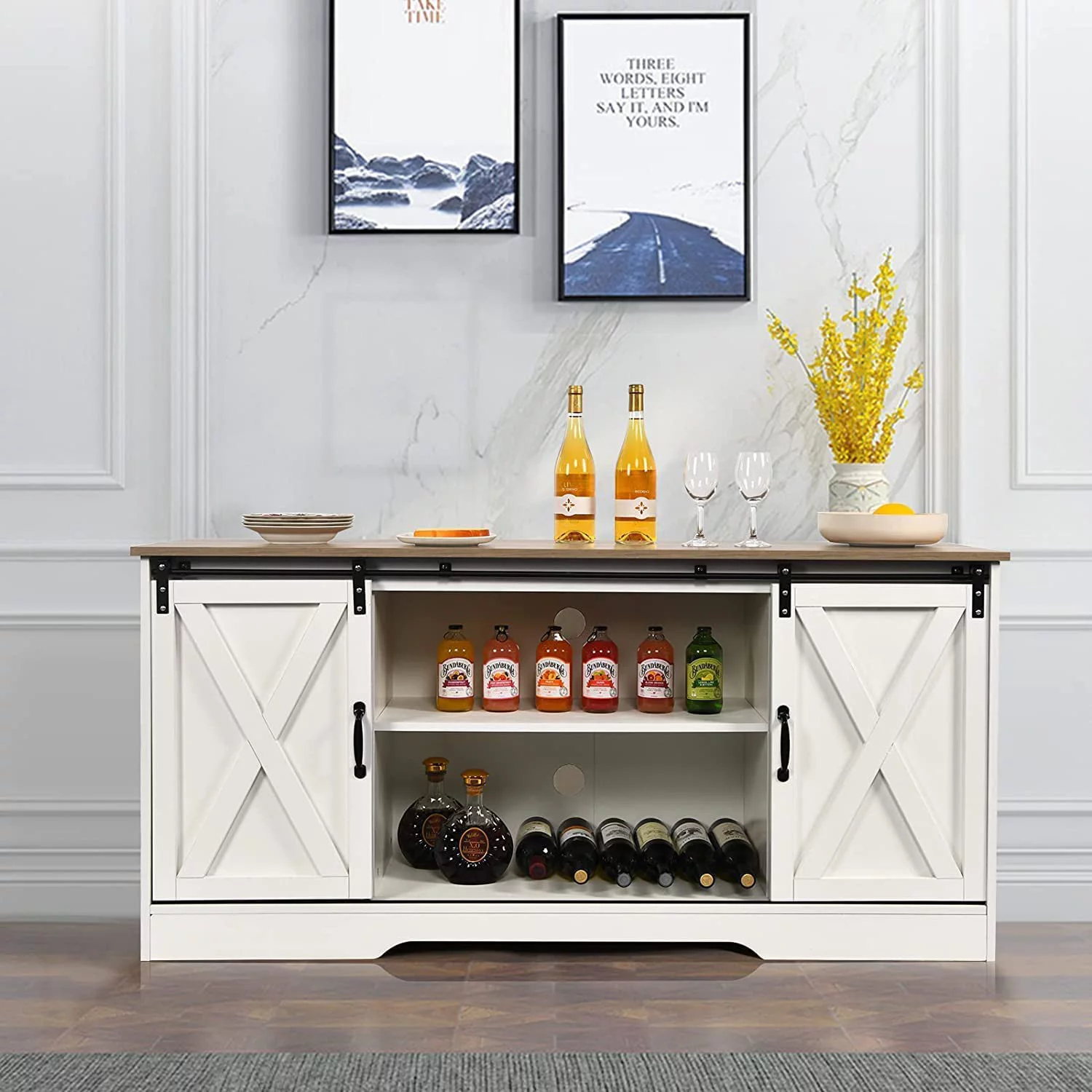 59'' Modern Farmhouse TV Stand for 65 inch TV, Sliding Barn Door Television Stands, Entertainment Center TV Media Console for Living Room, White