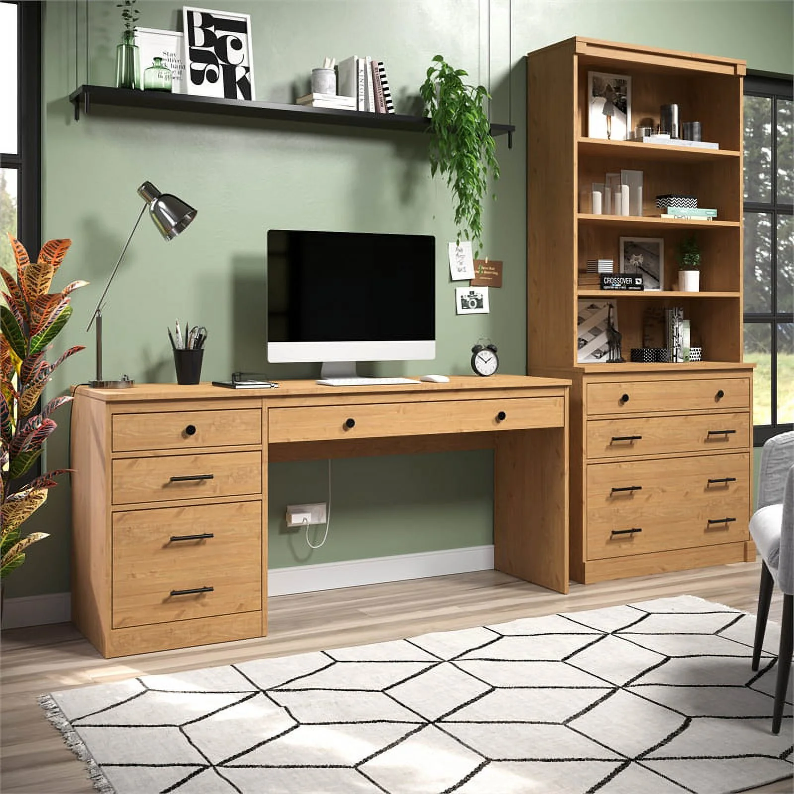 Linon Cody Wood Desk with File Cabinet in Natural