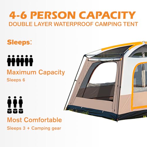 Camping Tent 4-6 Person, Double Layer, Multi-Room Family Cabin Tents with 3 Doors, Mesh Windows, Rainfly & Windproof