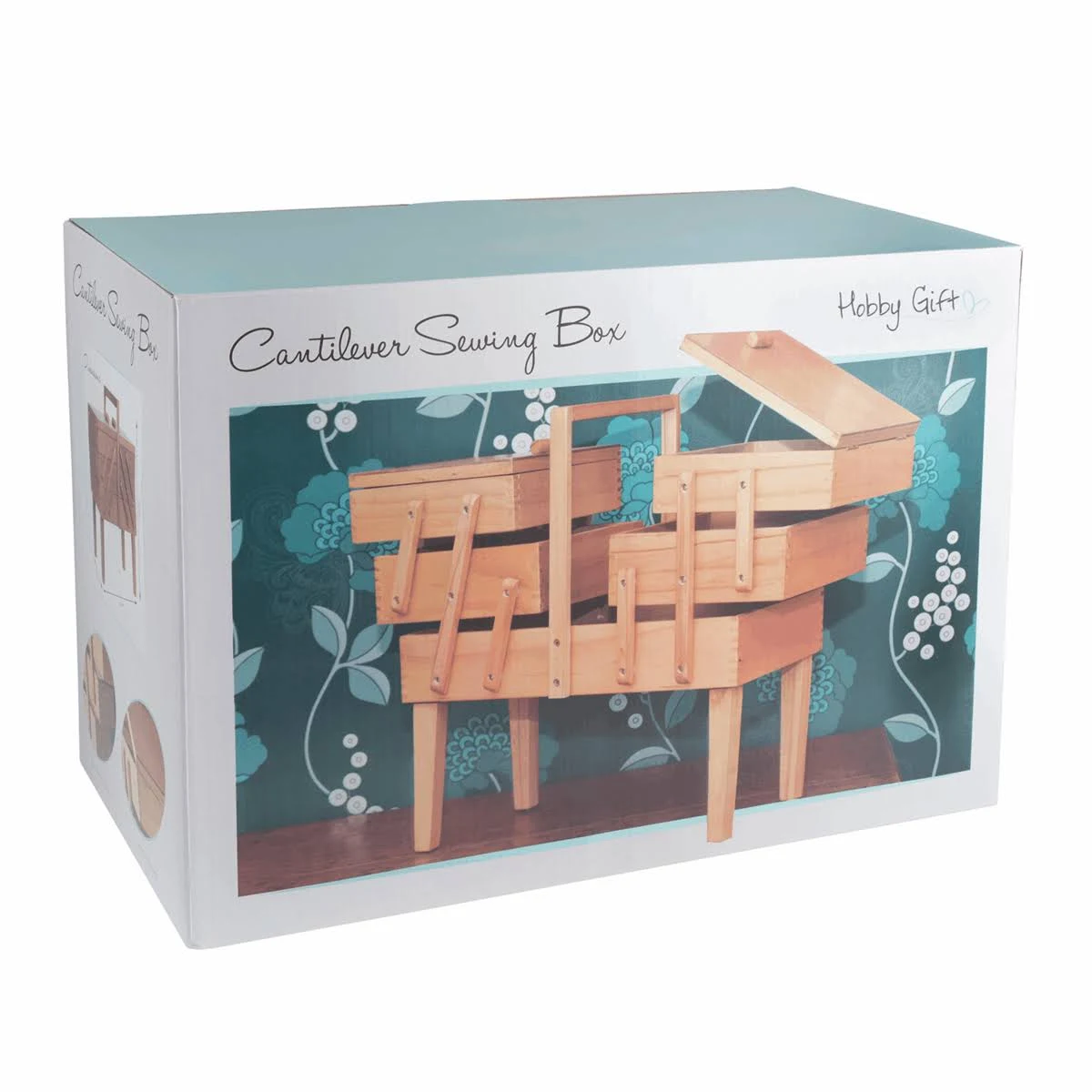 Hobbygift Wooden Cantilever 3 Tier Sewing Box with Legs: Light Wood Shade