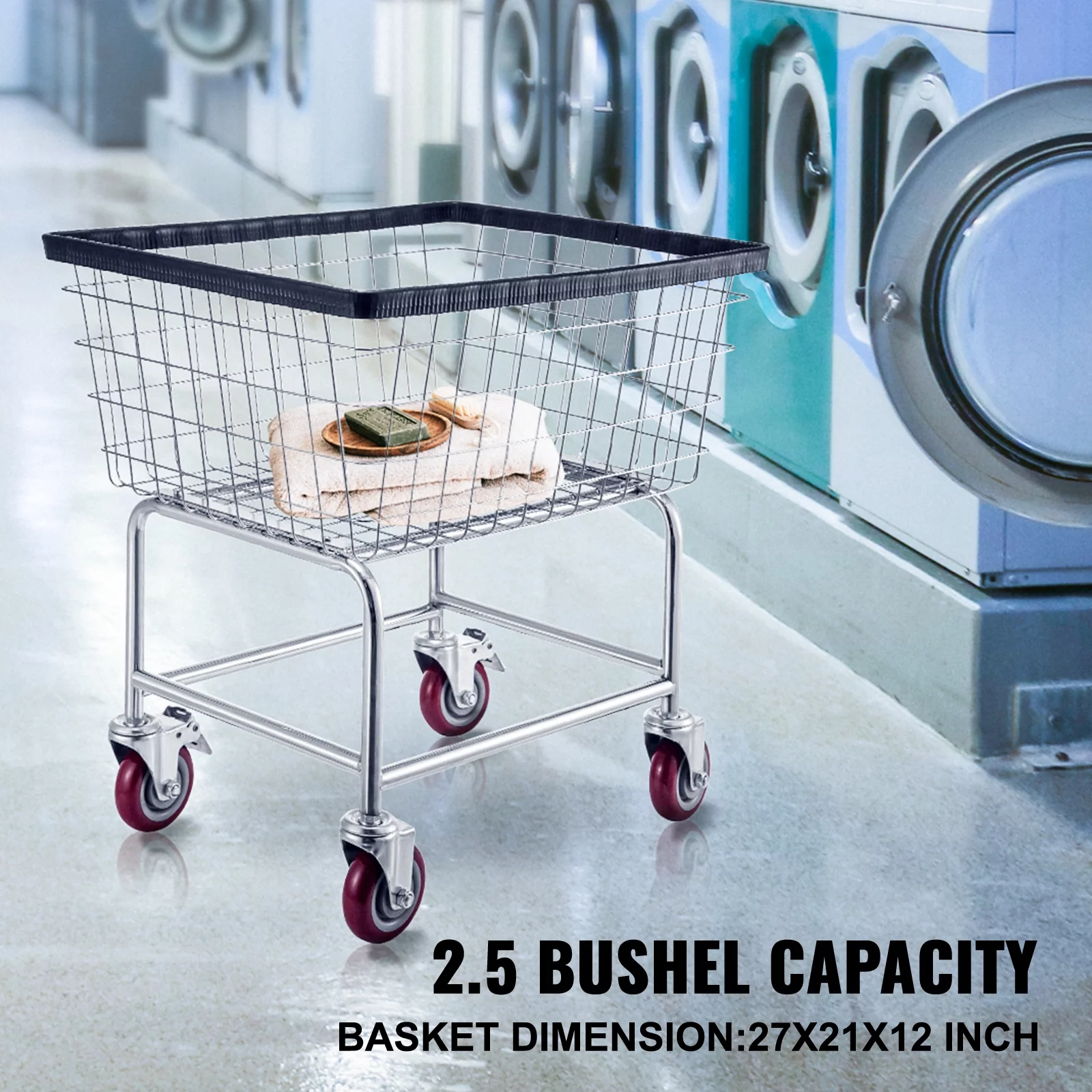 BENTISM Wire Laundry Cart Wire Laundry Basket 2.2 Bushel Heavy Duty w/ 5'' Wheels