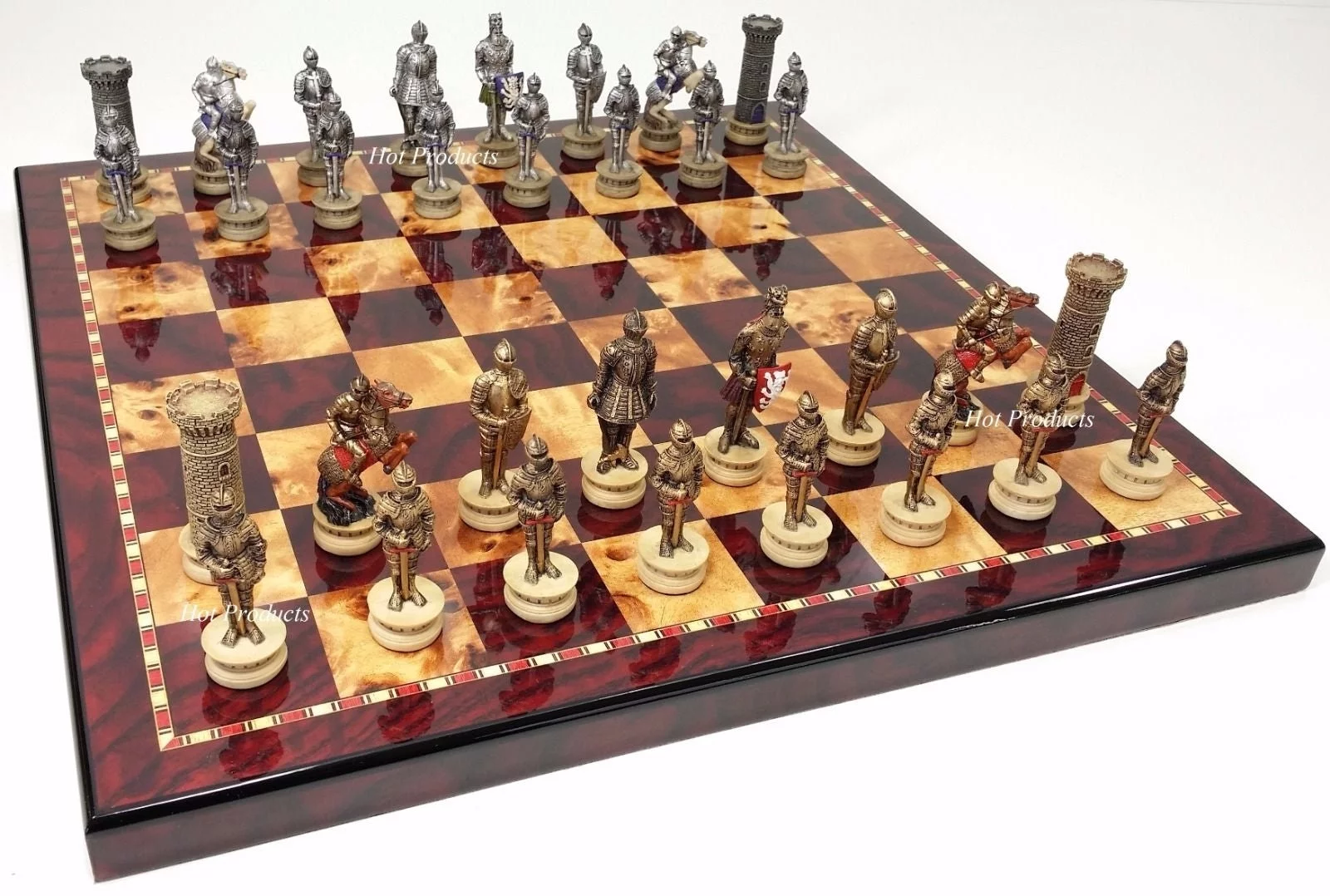 Medieval Times Crusades Gold &Silver Armored Knights Chess Set W/ 18 High Gloss Cherry &Burlwood Color Board