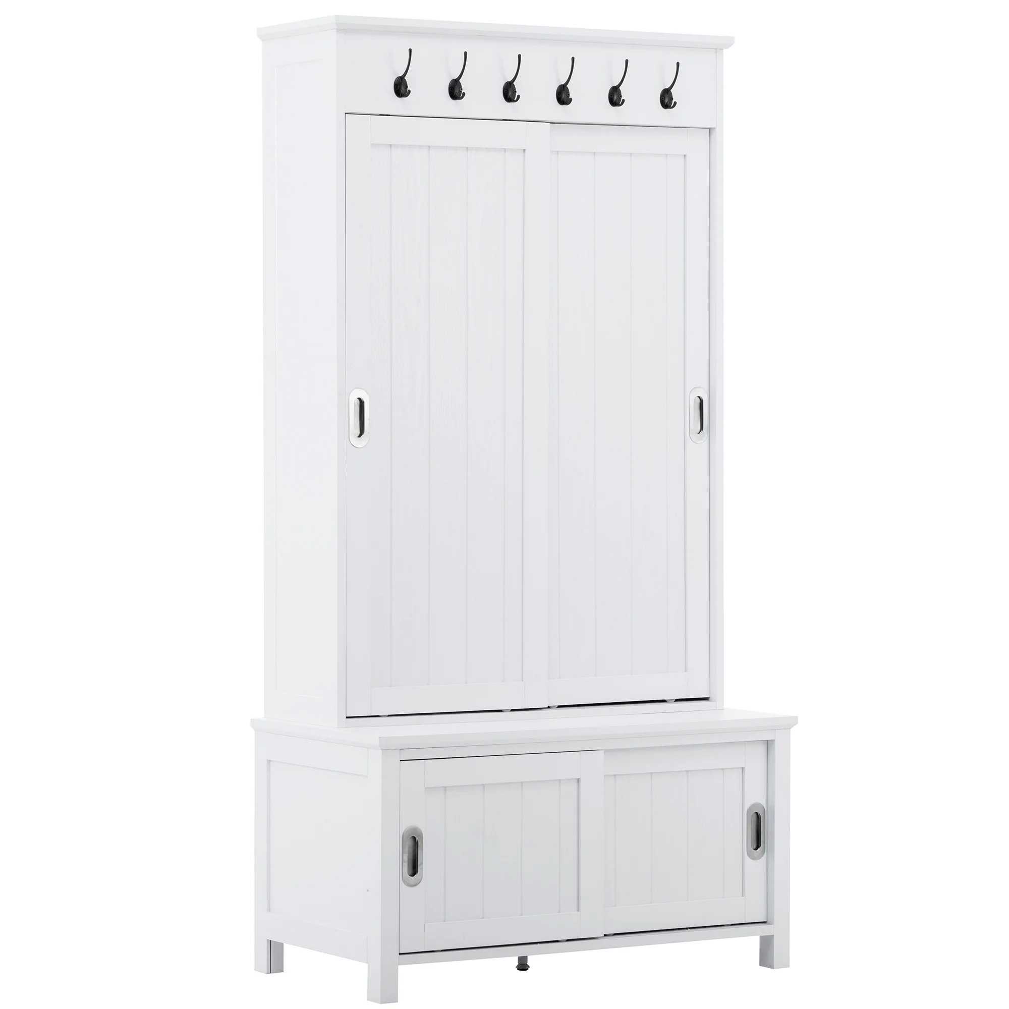 CoSoTower Multifunctional Hall Tree with Sliding Doors, Wooden Hallway Shoe Cabinet with Storage Bench and Shelves