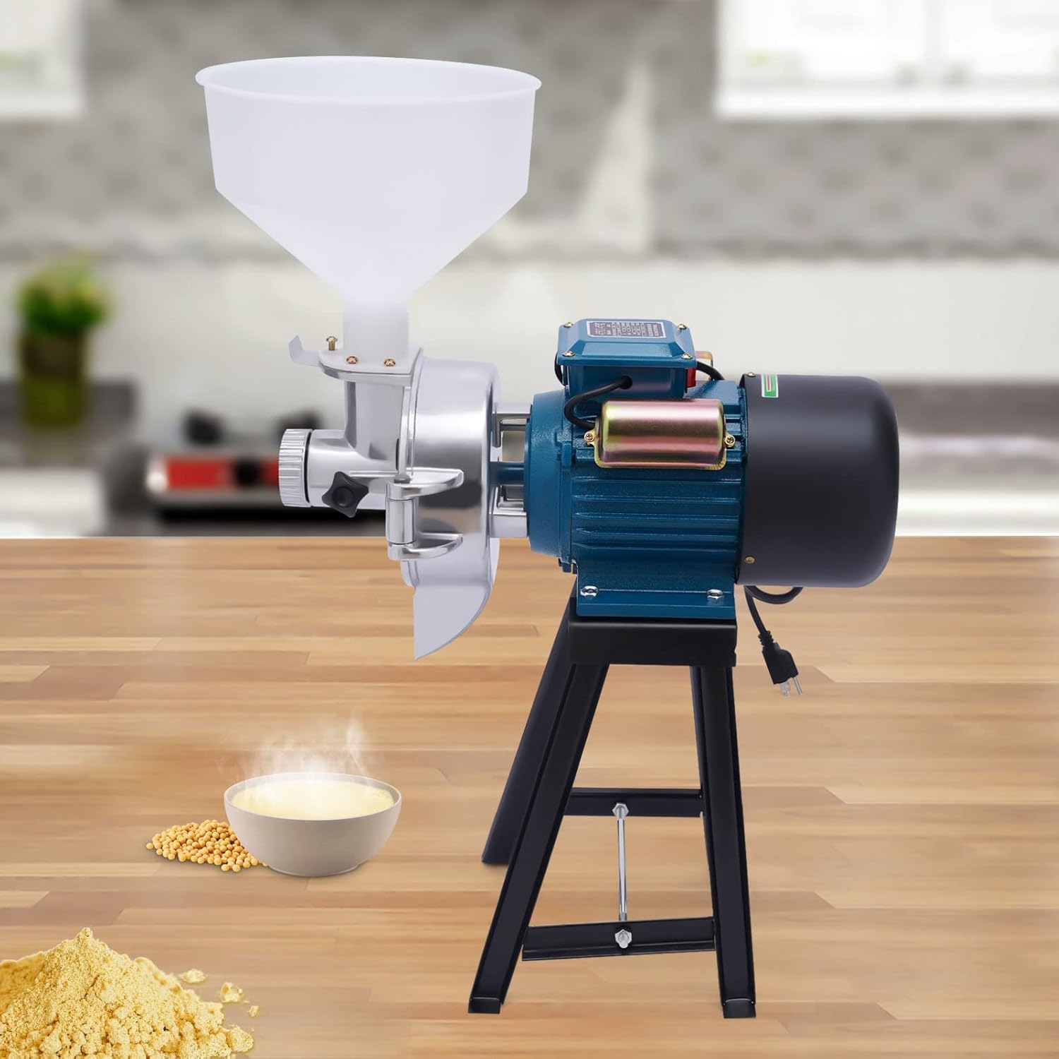 110V 2200W Electric Grain Mill Grinder Machine Wet and Dry Mill Machine W/Funnel Feed Soymilk Wheat Cereals Grinder Flour Mill Grinder for Home and