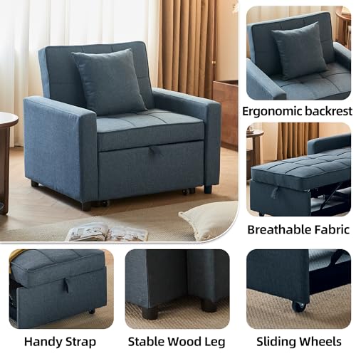 Sofa Bed Chair Convertible ，Sleeper Sofa with Pull-Out Bed ，3-in-1 Futon Couch with Reclining Backrest and Side Pocket (Blue, 35.6‘)