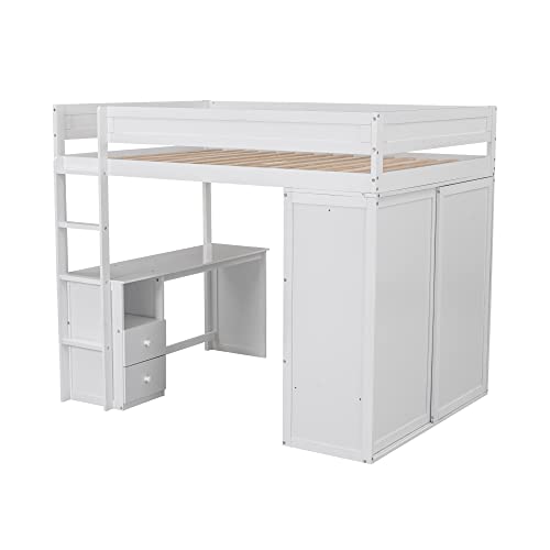 Full Size Loft Bed with L-Shaped Desk, Wardrobe and Storage Shelves, Solid Wood Bedframe w/Safety Guardrails & Ladder for Kids Teens Adults
