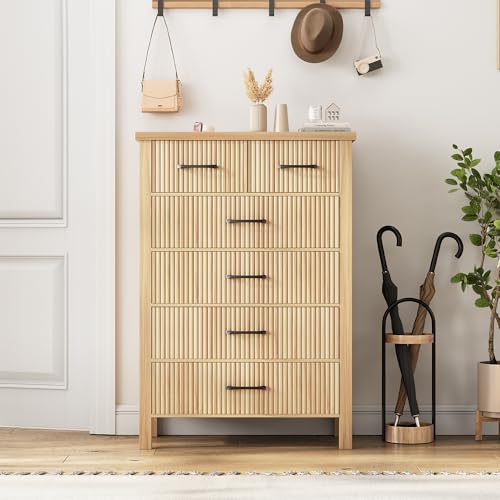 Fluted 6 Drawers Dresser for Bedroom, Tall Boho Chest of Drawers with Metal Handle, Wooden Closet Clothes Storage Organizer for Living Room