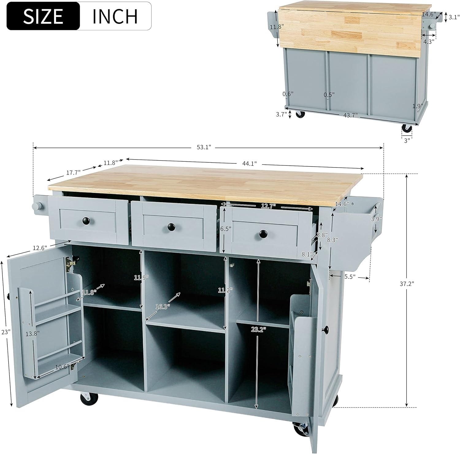Kitchen Island Rolling Cart 2 Doors with 3 Drawers, Internal Storage Racks, Rubber Wood Drop-Leaf Countertop, Open Storage