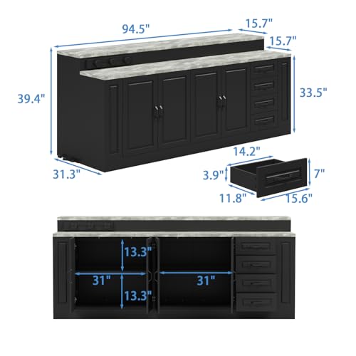 94.5" W Stationary Kitchen Island Storage Cabinet with Built-in Power Outlet, 2 Countertop, Adjustable Shelves & 3 Drawers for Dining Room