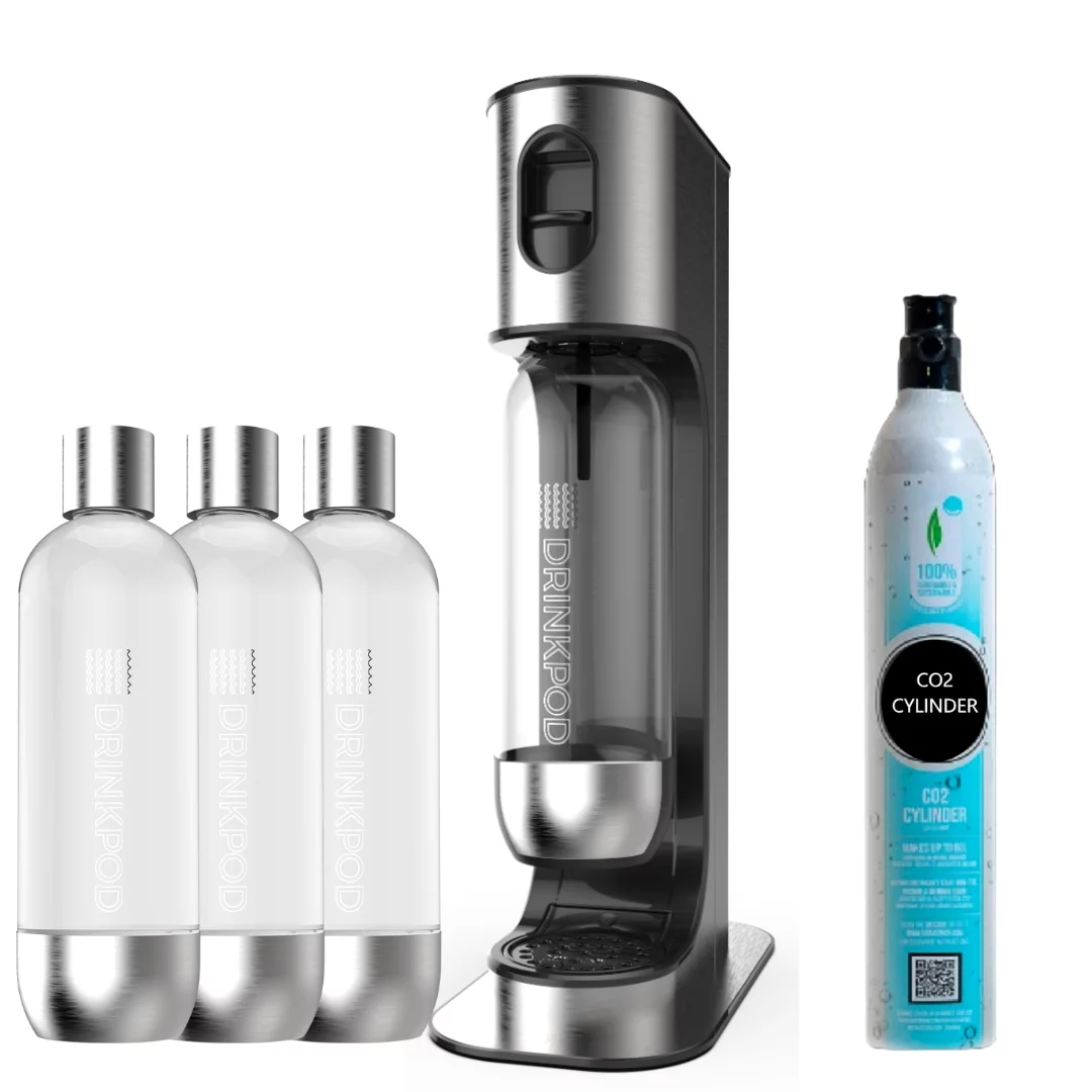 Drinkpod Stainless Steel Premium Sparkling Water Machine | Includes 1 C02 Cylinder & 3 x Bottles | Ultra Fizz Carbonated Machine In Stainless Steel