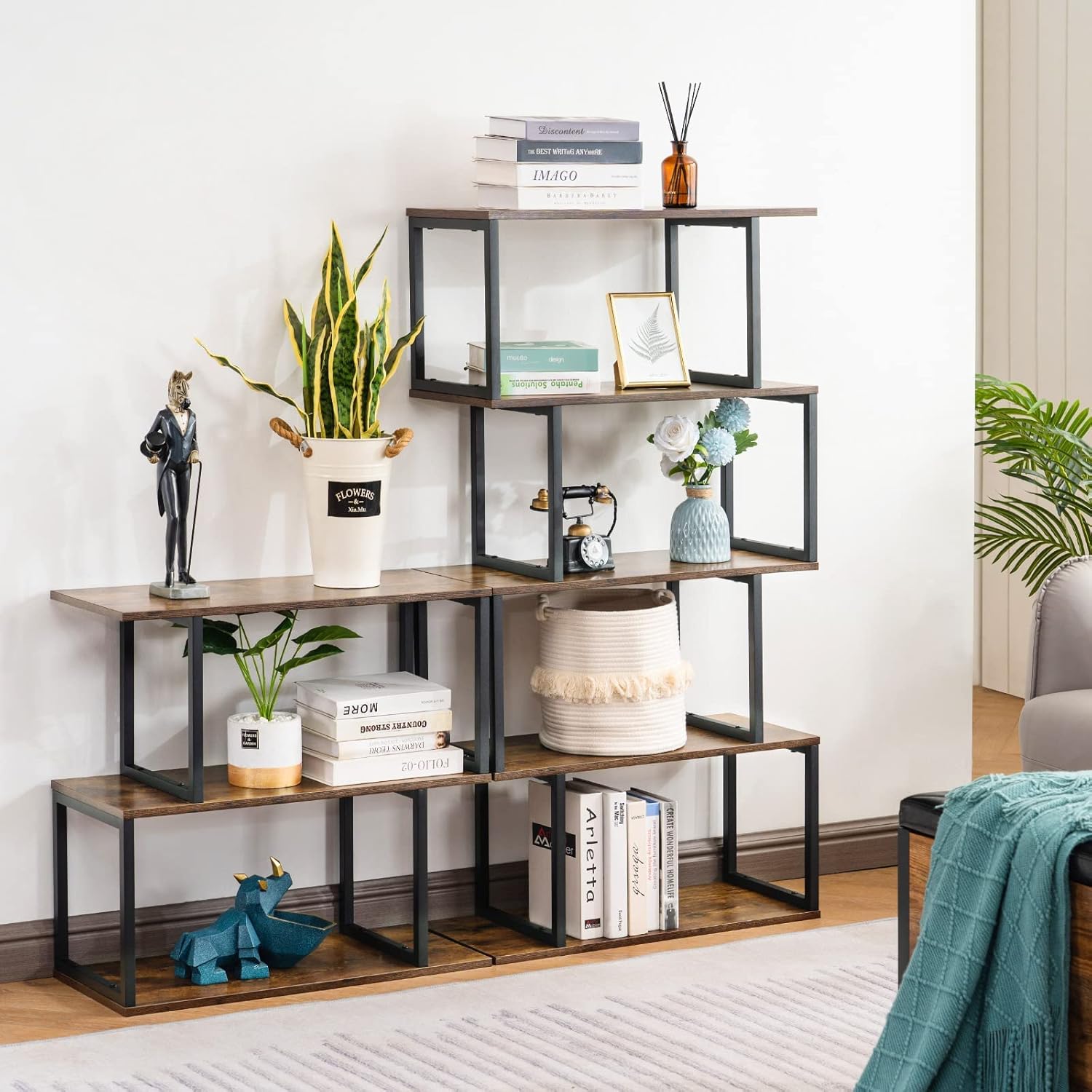 Apicizon Industrial Bookshelves Wooden Bookcase, 2-Tier Bookshelf, S-Shaped Bookshelf Modern Bookshelf