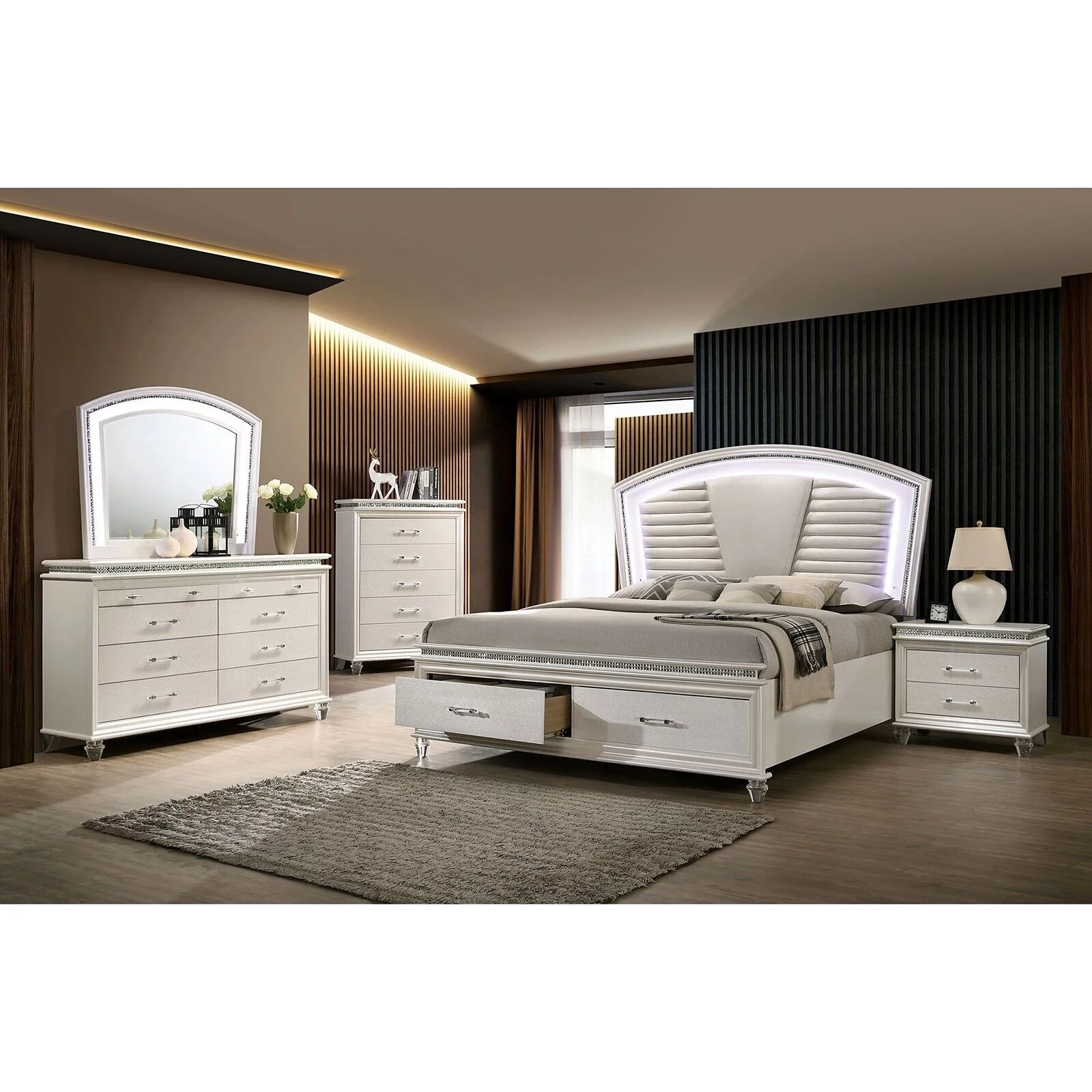 Antique Contemporary Pearl White 4pc Bedroom Queen Size Bed Set Dresser Mirror Nightstand Bedroom Furniture Padded HB LED