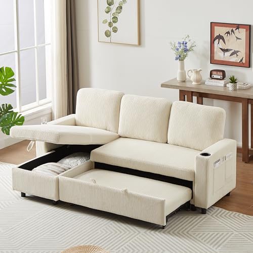 L-Shaped Pull Out Sleep Sofabed,Modern Reversible Sleeper Sectional Sofa Chenille Upholstered Button Tufted Decor with Storage Chaise