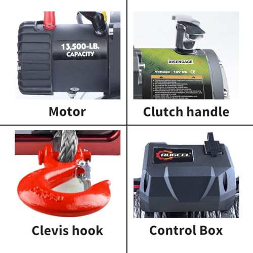 RUGCEL 13500lb Waterproof Electric Red Synthetic Rope Winch with Hawse Fairlead, Wired Handle and 2 Infrared Remote(13500LB RED)