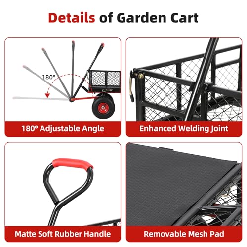 880lbs Steel Garden Dump Cart, Heavy Duty Yard Dump Utility Wagon w Removable Mesh Sides, Utility Metal Wagon w 180° Rotating Handle