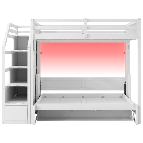 Merax Queen Size Murphy Bed, Wooden Queen Murphy Bed Wall Bed with Sofa and Cushion, for Home Office or Small Room, White